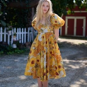 Selkie Yellow Sunflower Puff-Sleeve Midi Dress